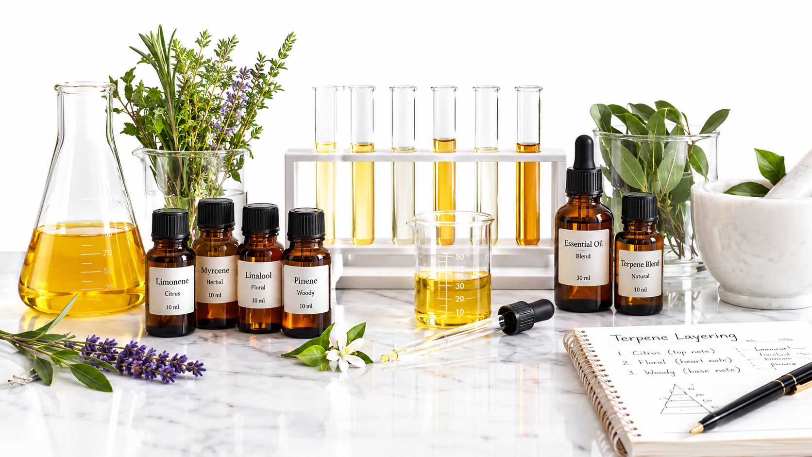 A laboratory table with amber essential oil bottles, test tubes, fresh herbs, and a notebook on terpenes.
