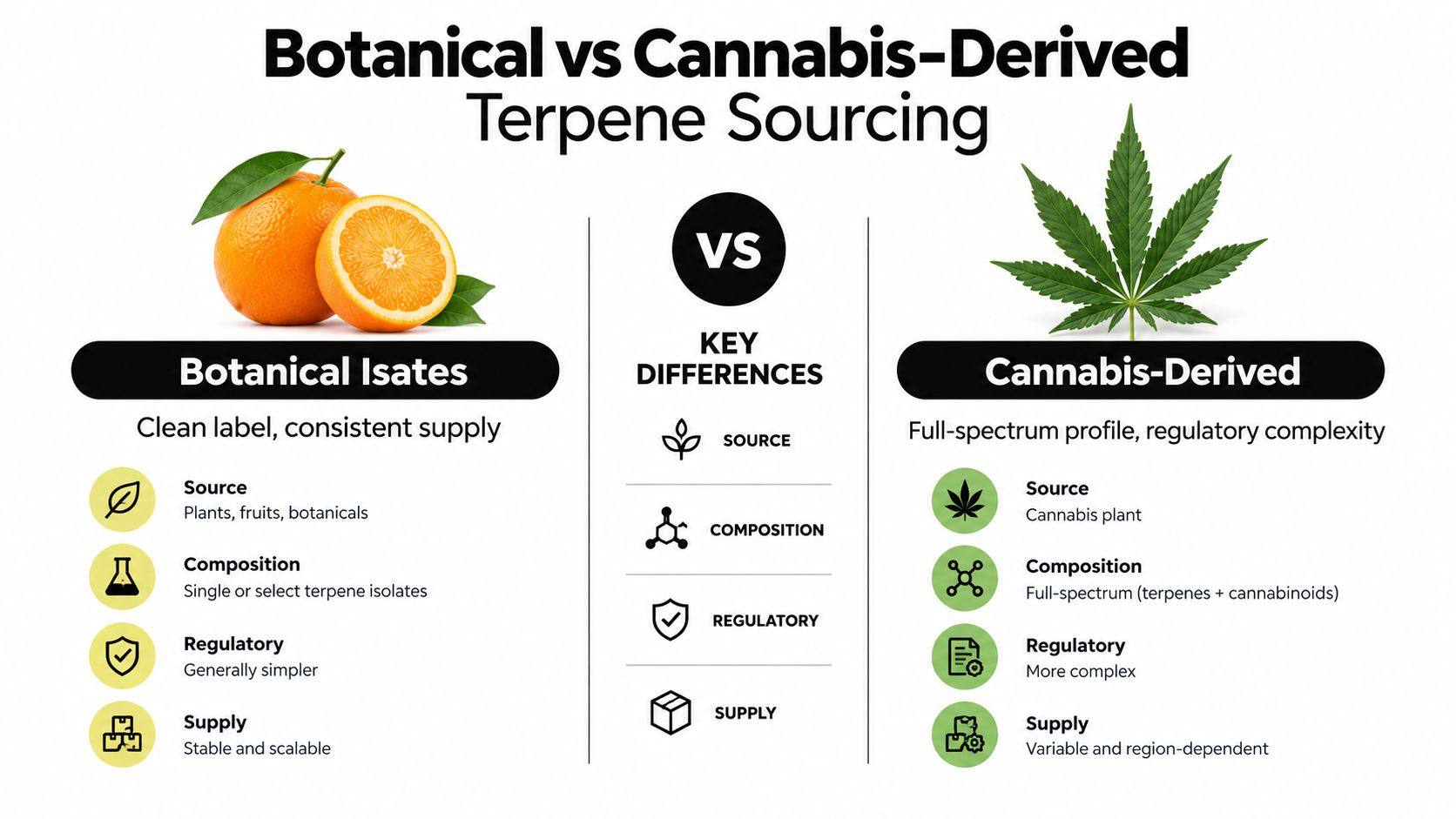 A comparison infographic between botanical terpenes and cannabis-derived terpenes across source, composition, regulatory, and supply categories.