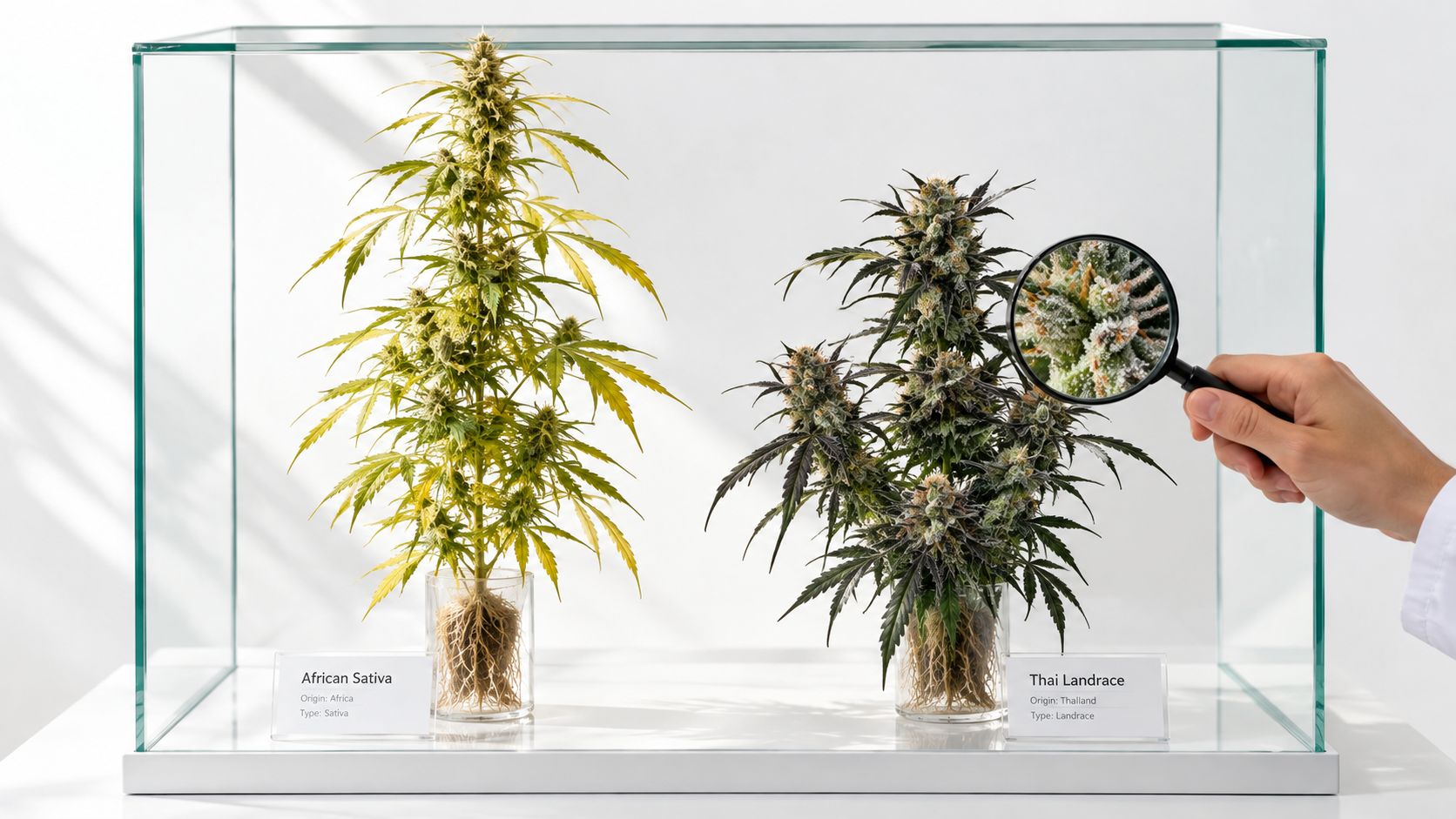A scientist examines an African Sativa plant and a Thai Landrace plant inside a glass display case.