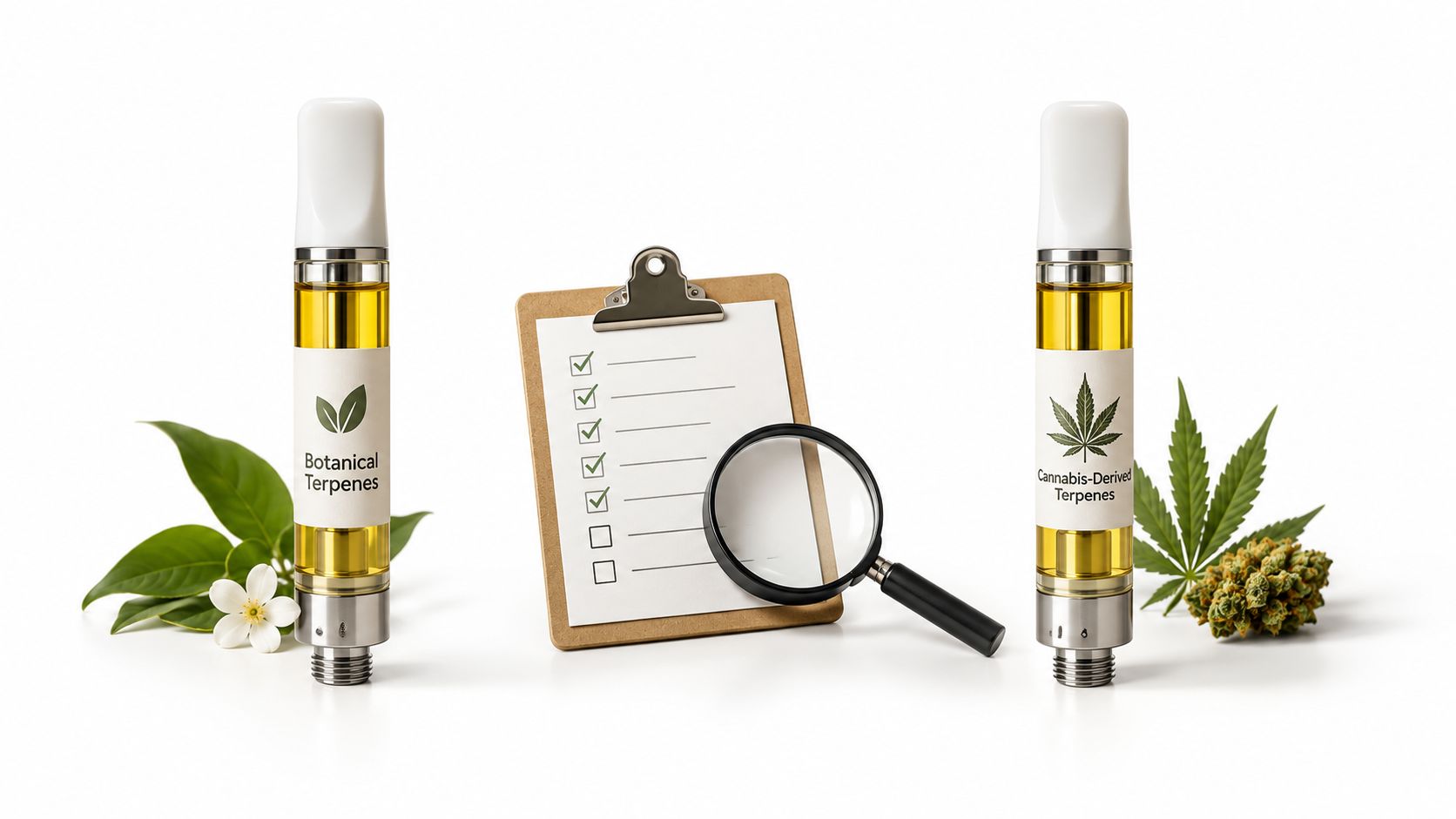 Two vape cartridges, one labeled botanical terpenes and the other cannabis-derived terpenes, with a clipboard and magnifier.