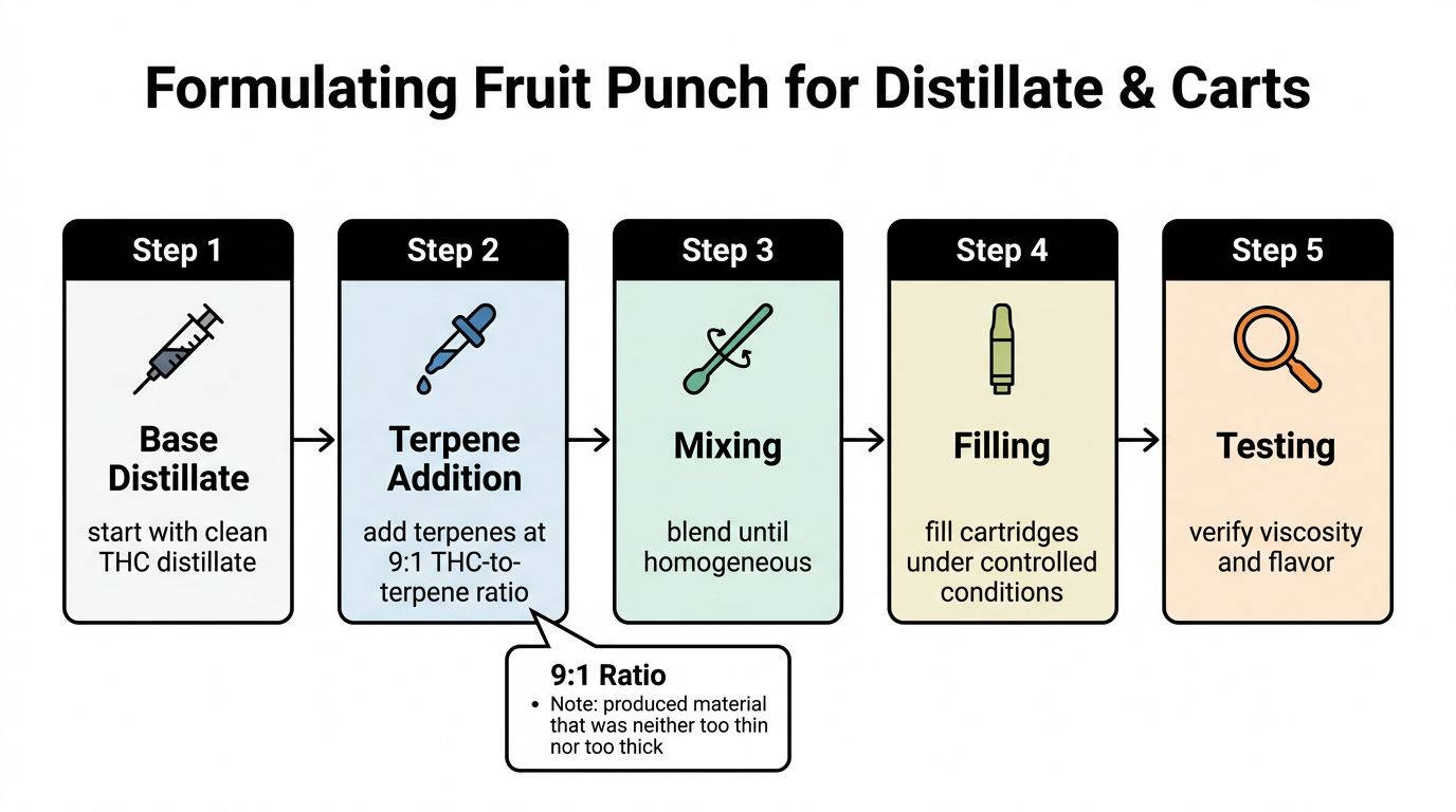 A five-step instructional diagram illustrating the process for formulating Fruit Punch flavored cannabis distillate for vape cartridges.