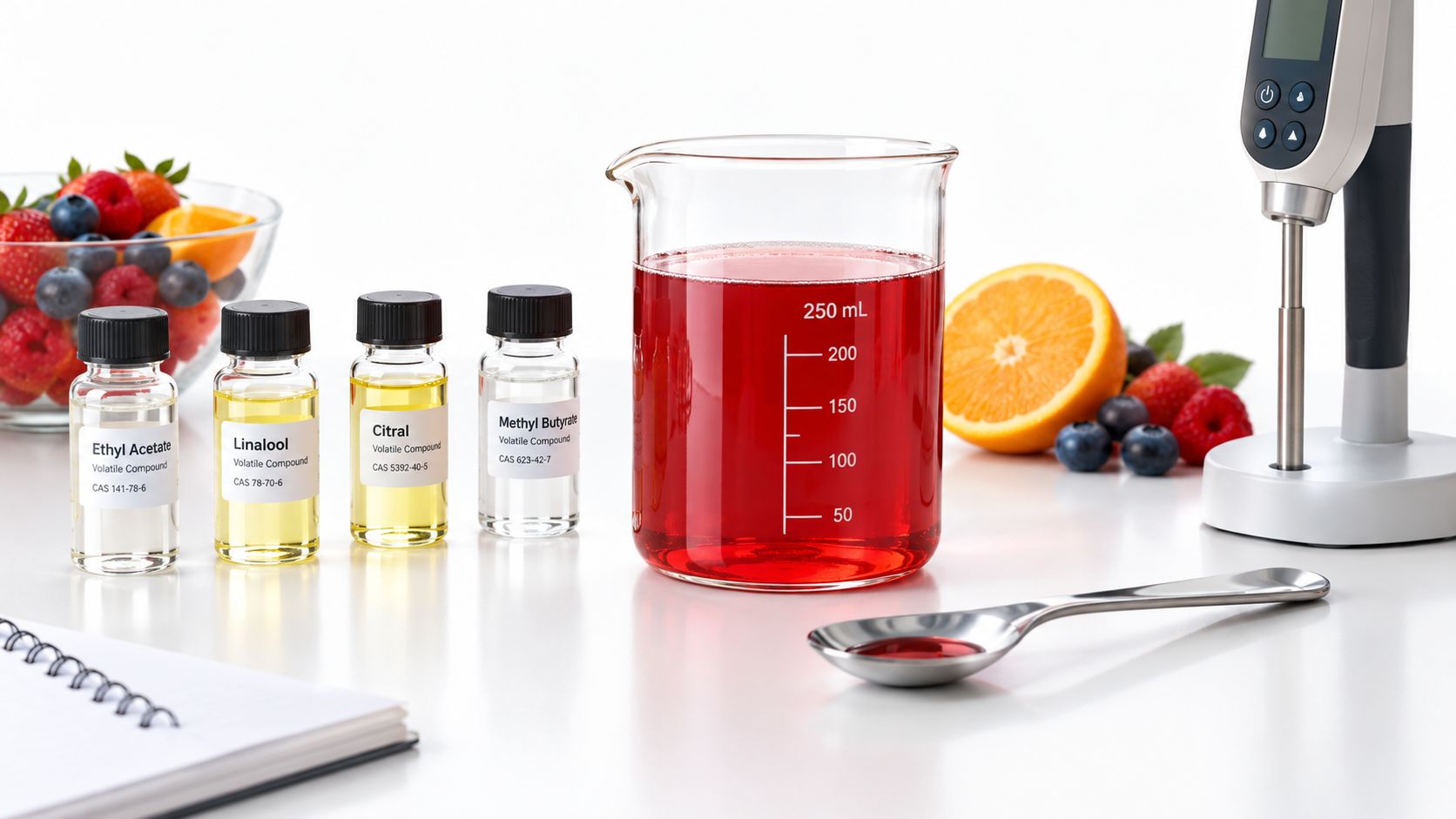 A lab setup with fruit punch flavored compounds, a beaker of red liquid, fresh fruit, and scientific equipment.