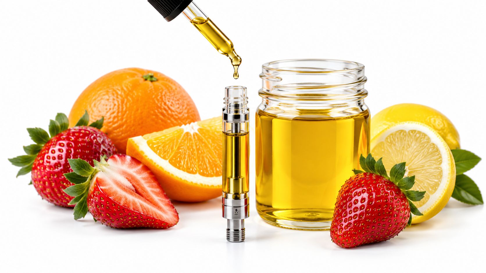 A glass jar and vape cartridge filled with golden liquid surrounded by fresh strawberries, oranges, and lemons.