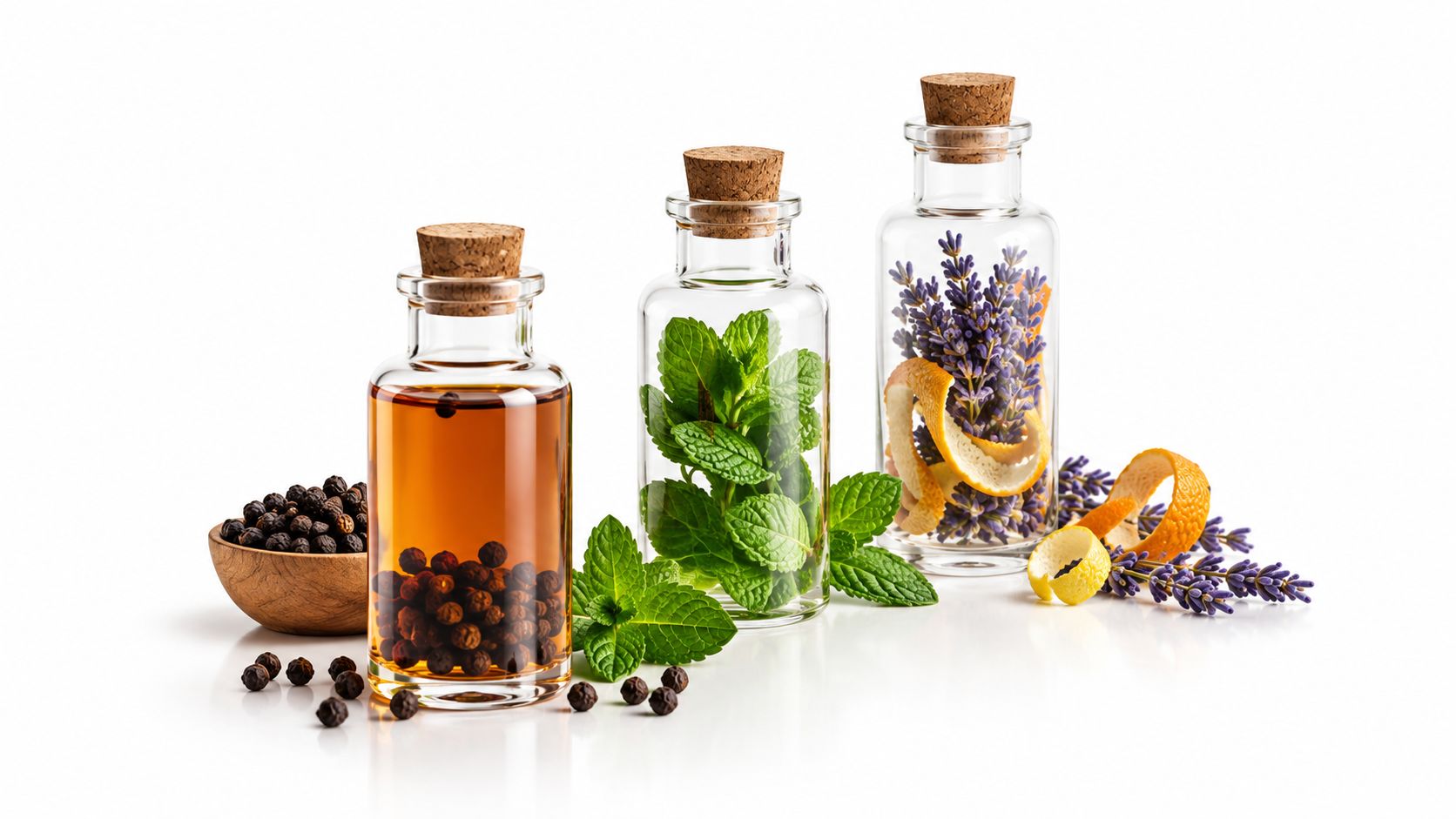Three glass apothecary bottles filled with black peppercorns, fresh mint leaves, lavender, and orange zest strips.