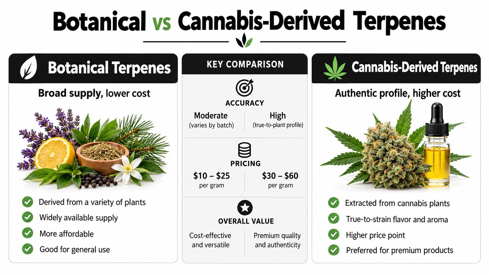 A comparison chart showing the differences between botanical terpenes and cannabis-derived terpenes regarding accuracy, pricing, and value.
