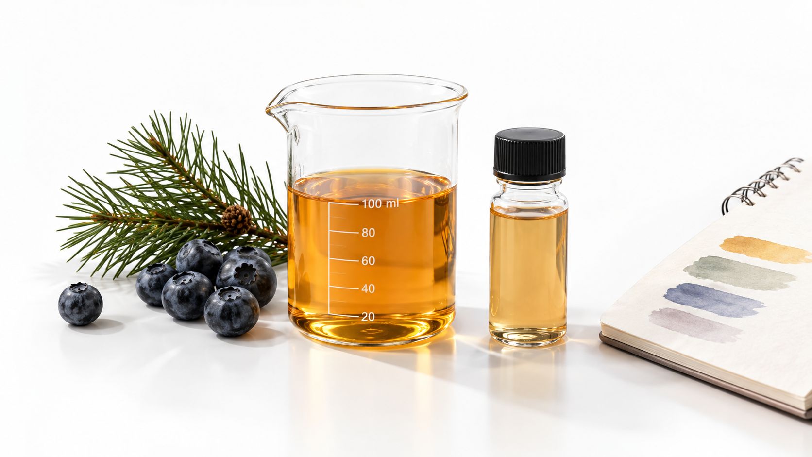 A glass beaker and small vial filled with golden essential oil near blueberries and a pine branch.