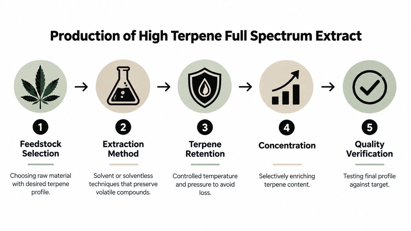 A five-step infographic showing the production process of high terpene full spectrum extract from feedstock to verification.