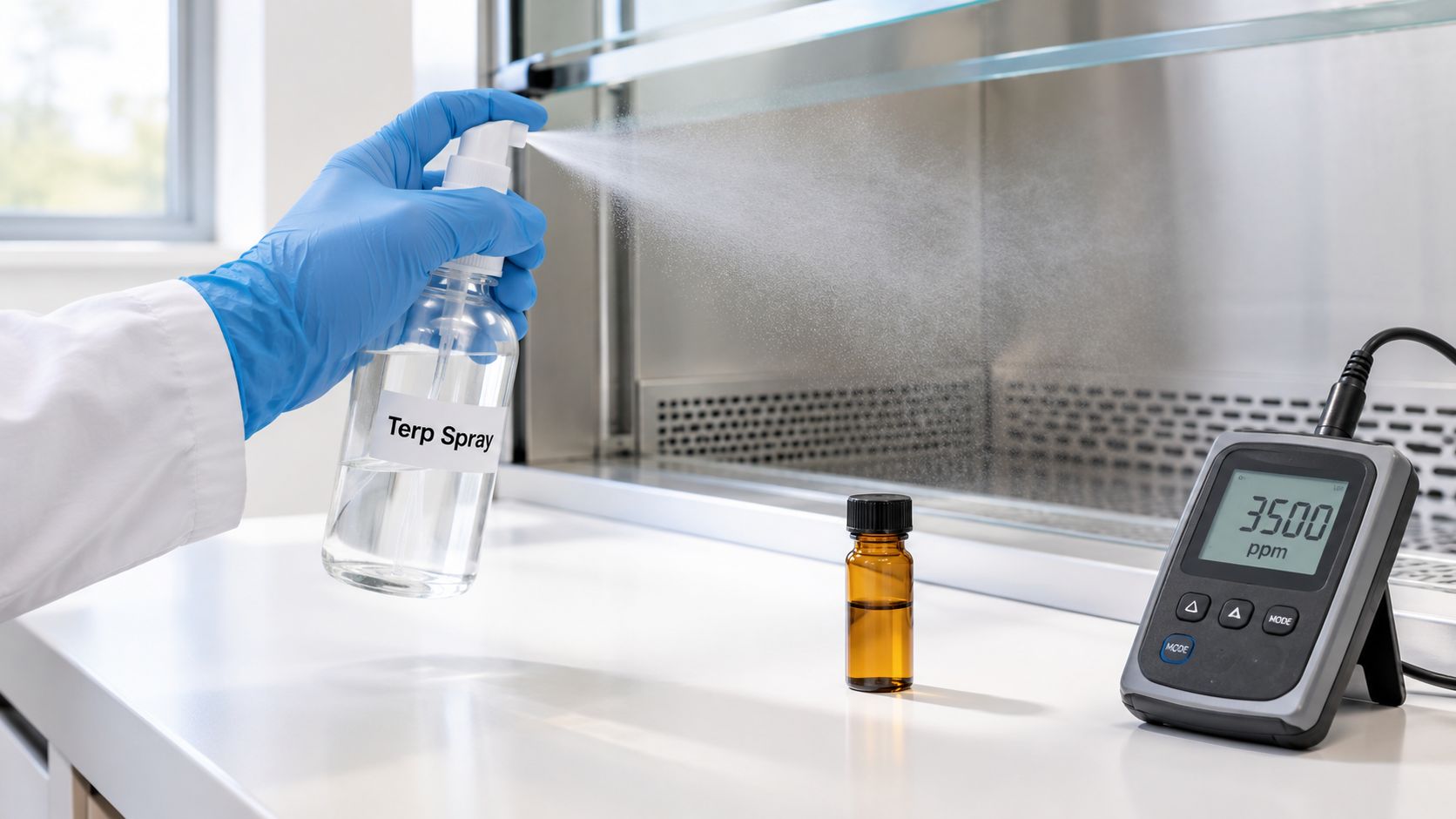A scientist wearing blue gloves sprays a bottle labeled Terp Spray near a testing meter in a laboratory.