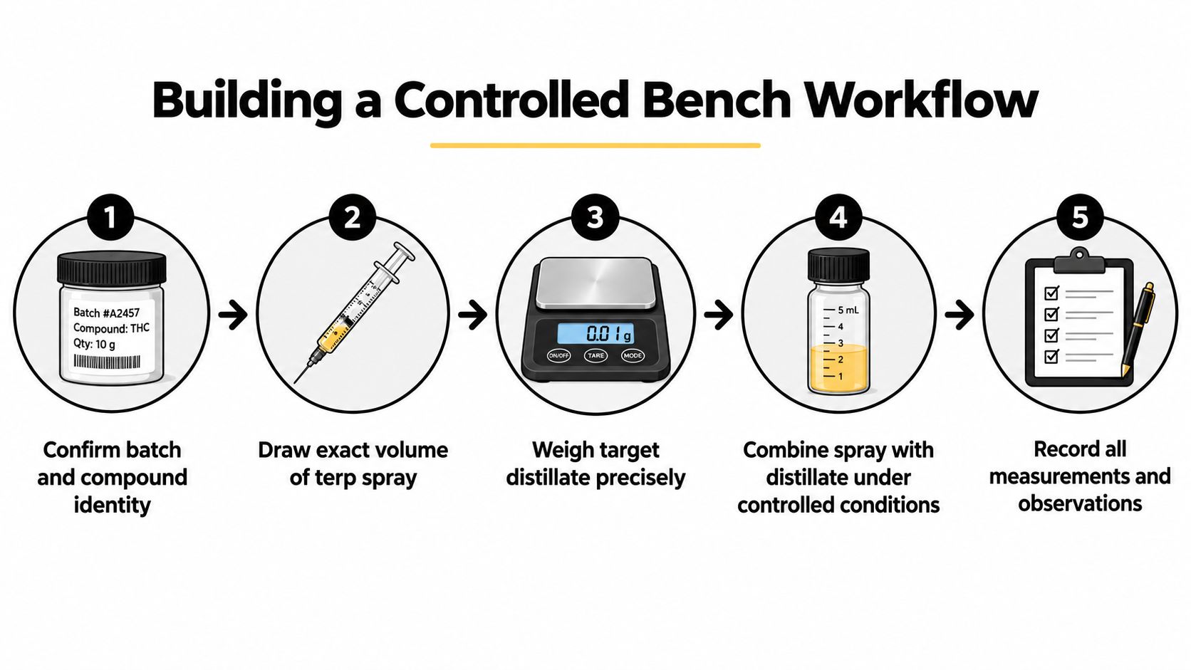 A five-step infographic illustrating a controlled bench workflow for processing and combining terp spray with distillate.