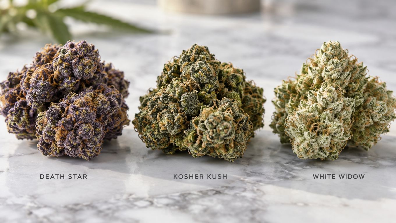 Three different dried cannabis flower buds labeled Death Star, Kosher Kush, and White Widow on marble.