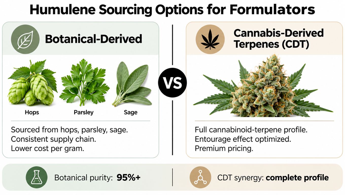 A comparison chart showing botanical-derived versus cannabis-derived humulene terpene sources for product formulators.