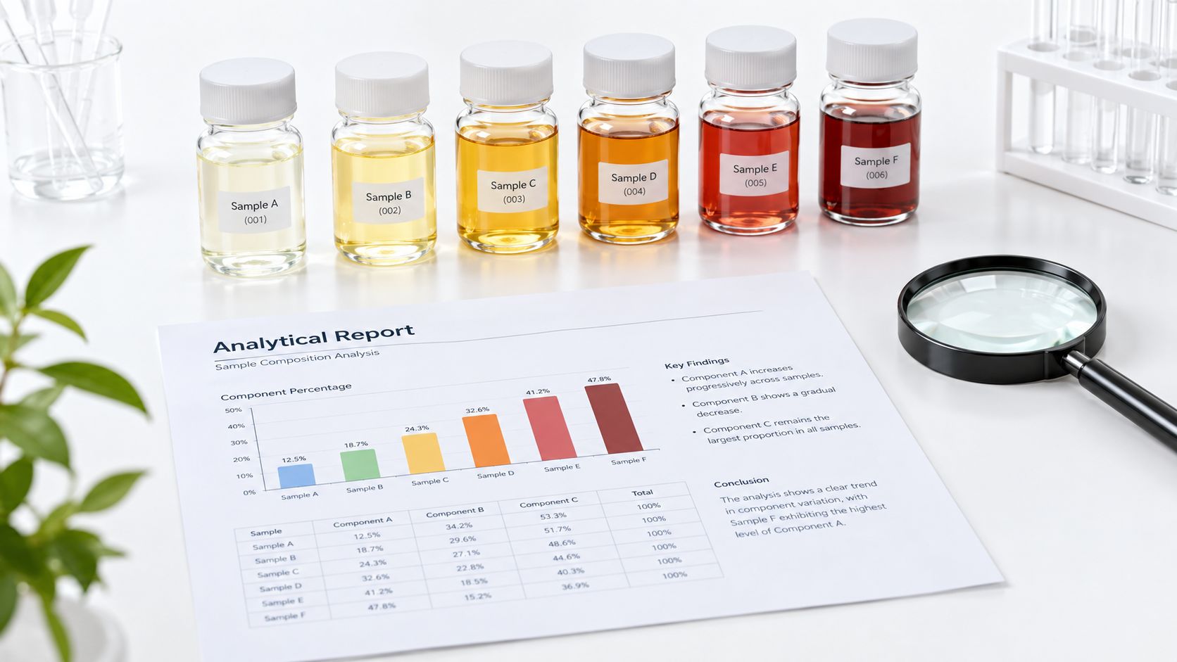 A lab table displays six labeled vials with liquid samples and an analytical report detailing their composition.