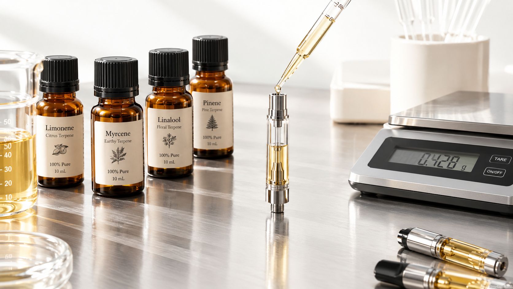 A laboratory table with amber bottles of terpenes being added to a vape cartridge for ice cream cake strain.