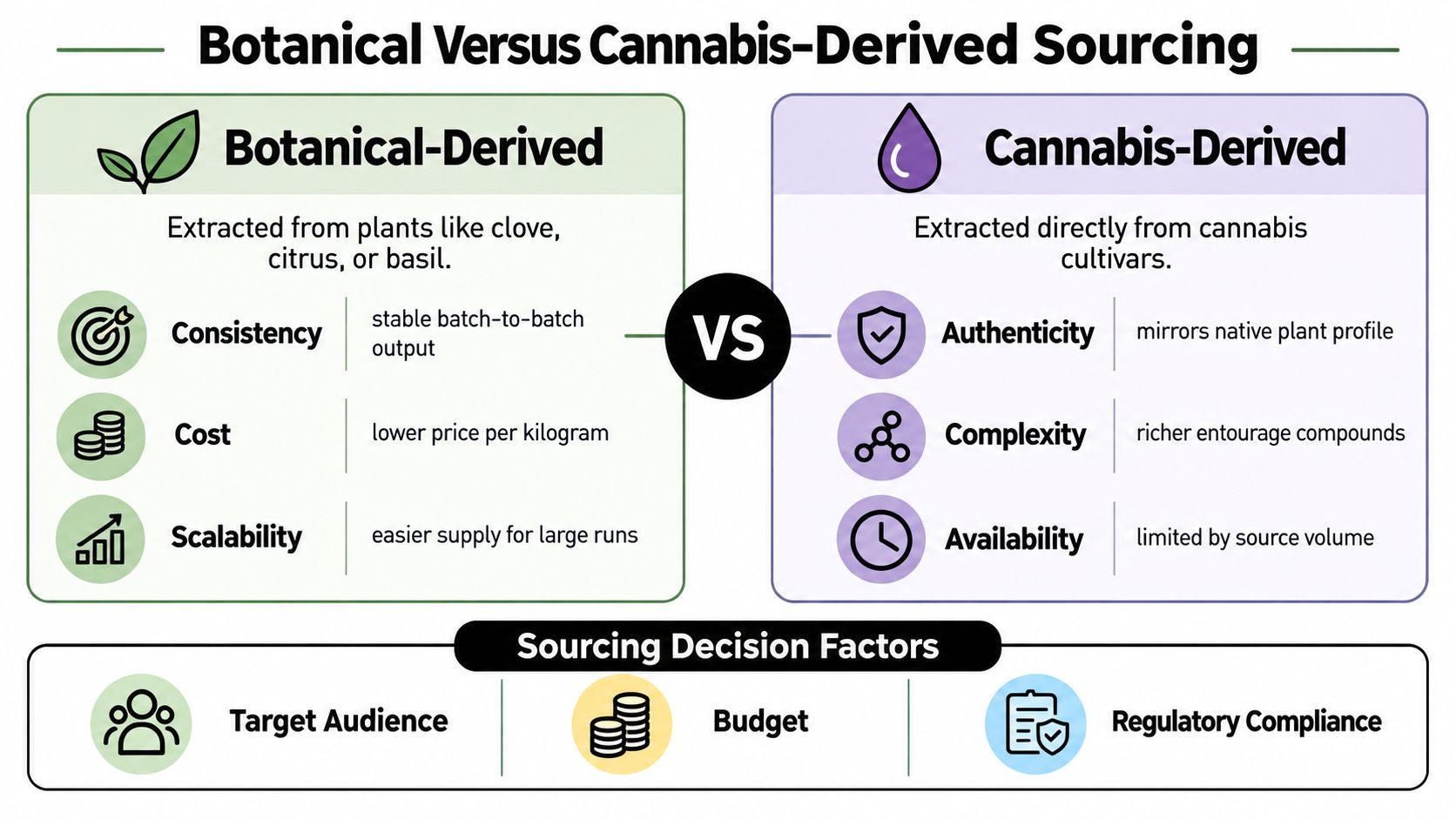 A comparison chart outlining the differences between botanical-derived and cannabis-derived sourcing methods for terpenes and extracts.