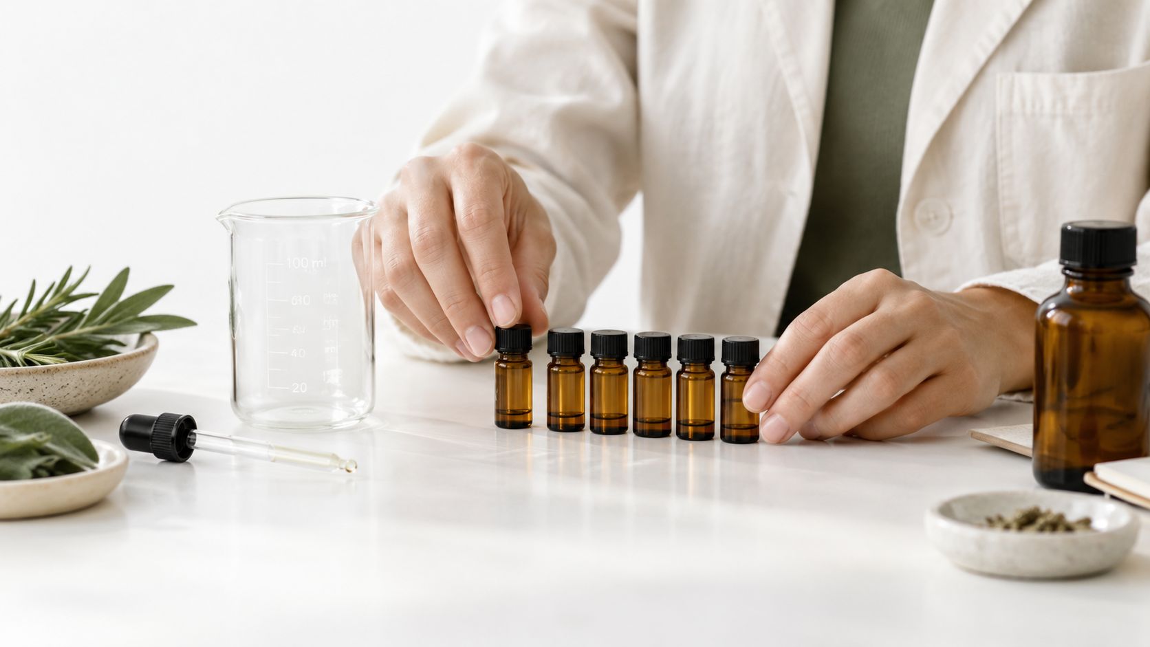A person in a white lab coat organizing small amber glass bottles on a white laboratory table.