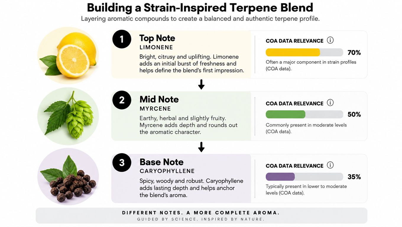 An infographic illustrating how to build a strain-inspired terpene blend using limonene, myrcene, and caryophyllene notes.