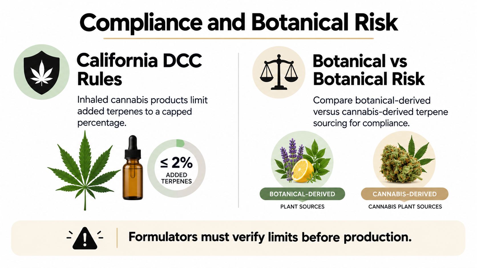 An infographic explaining California DCC regulations regarding the 2% added terpene limit in inhaled cannabis products.