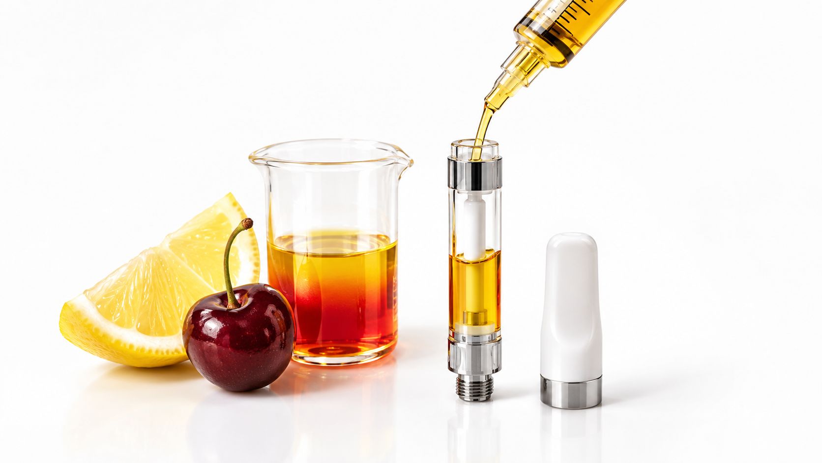 A syringe filling a vape cartridge next to a beaker of oil with lemon and cherry slices.