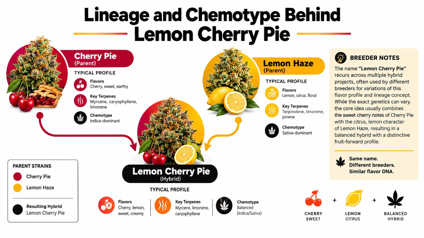 An infographic detailing the genetic lineage, flavor profile, and terpene breakdown of the Lemon Cherry Pie cannabis strain.