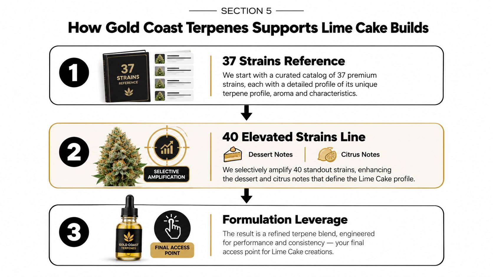 An infographic showing the three-step process of how Gold Coast Terpenes supports Lime Cake strain builds.