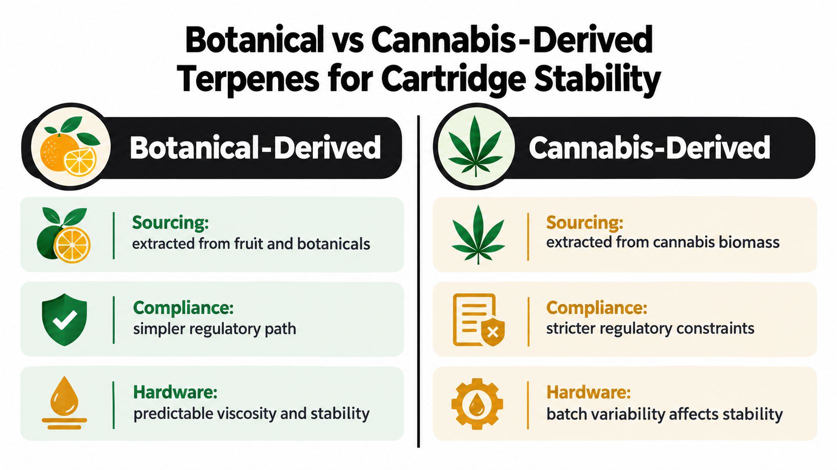 A comparison chart outlining the differences between botanical-derived and cannabis-derived terpenes for cartridge stability applications.