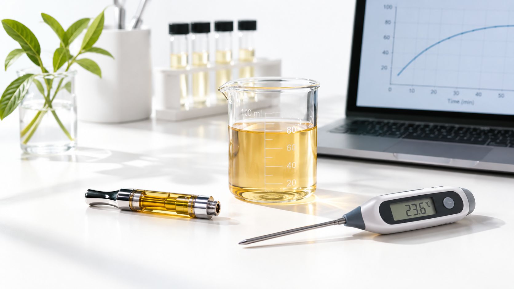 A laboratory setting with a glass beaker filled with yellow cannabis oil, a vape cartridge, and a thermometer.