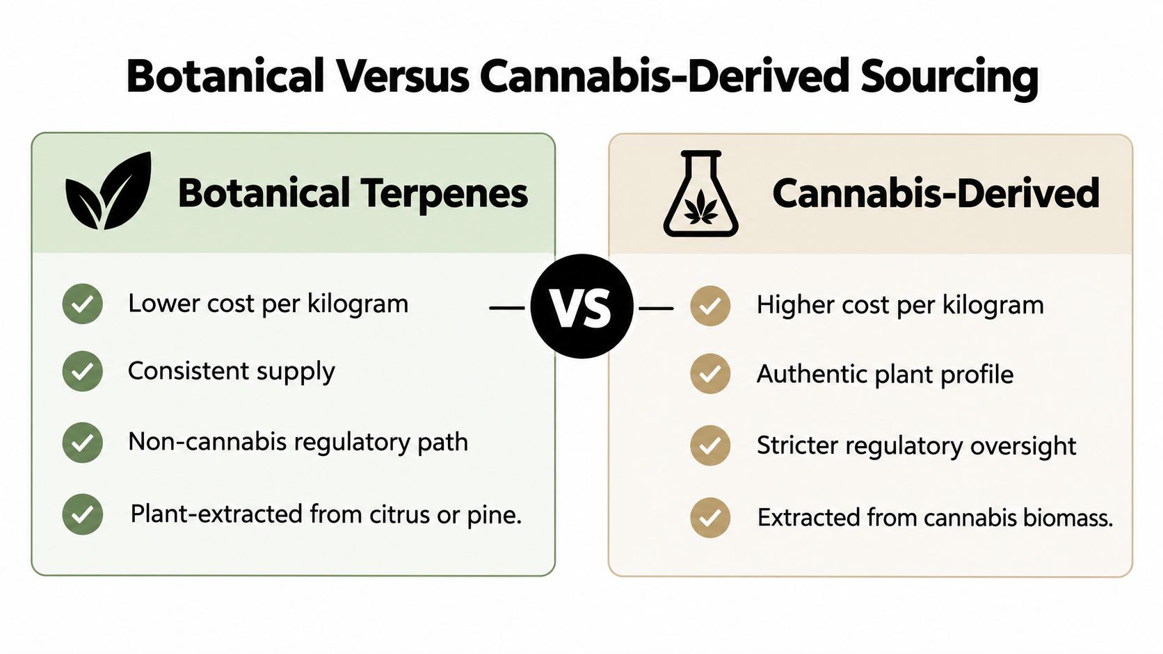 A comparison chart showing differences between botanical terpenes and cannabis-derived terpenes for product sourcing decisions.