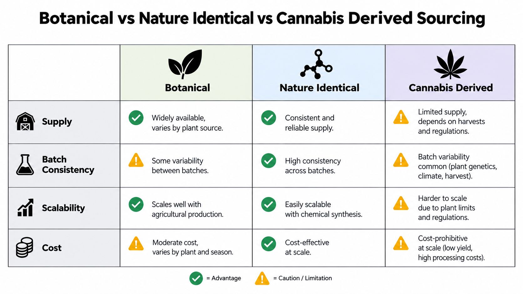 A comparison chart analyzing Botanical, Nature Identical, and Cannabis Derived sourcing across supply, consistency, scalability, and cost.