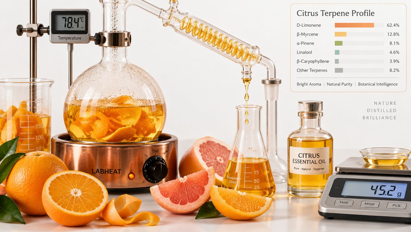 A professional laboratory setup distilling citrus essential oil from orange peels with a terpene profile chart.