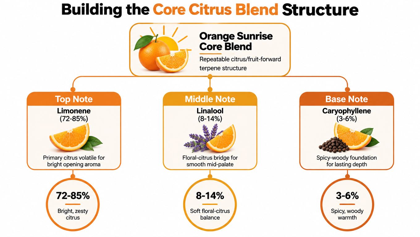 A diagram illustrating the Orange Sunrise core citrus terpene blend structure with top, middle, and base notes.