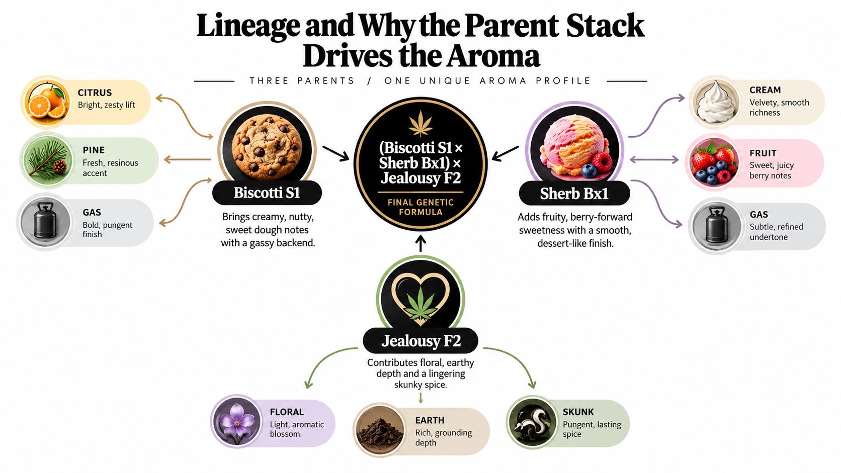 A diagram illustrating the genetic lineage and aroma profile of the cannabis strain Permanent Marker.