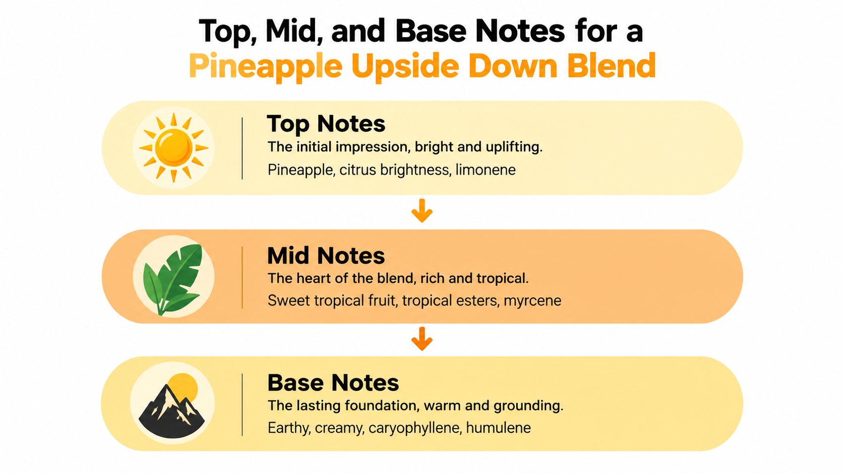 A diagram describing the top, mid, and base aromatic notes for a Pineapple Upside Down blend.