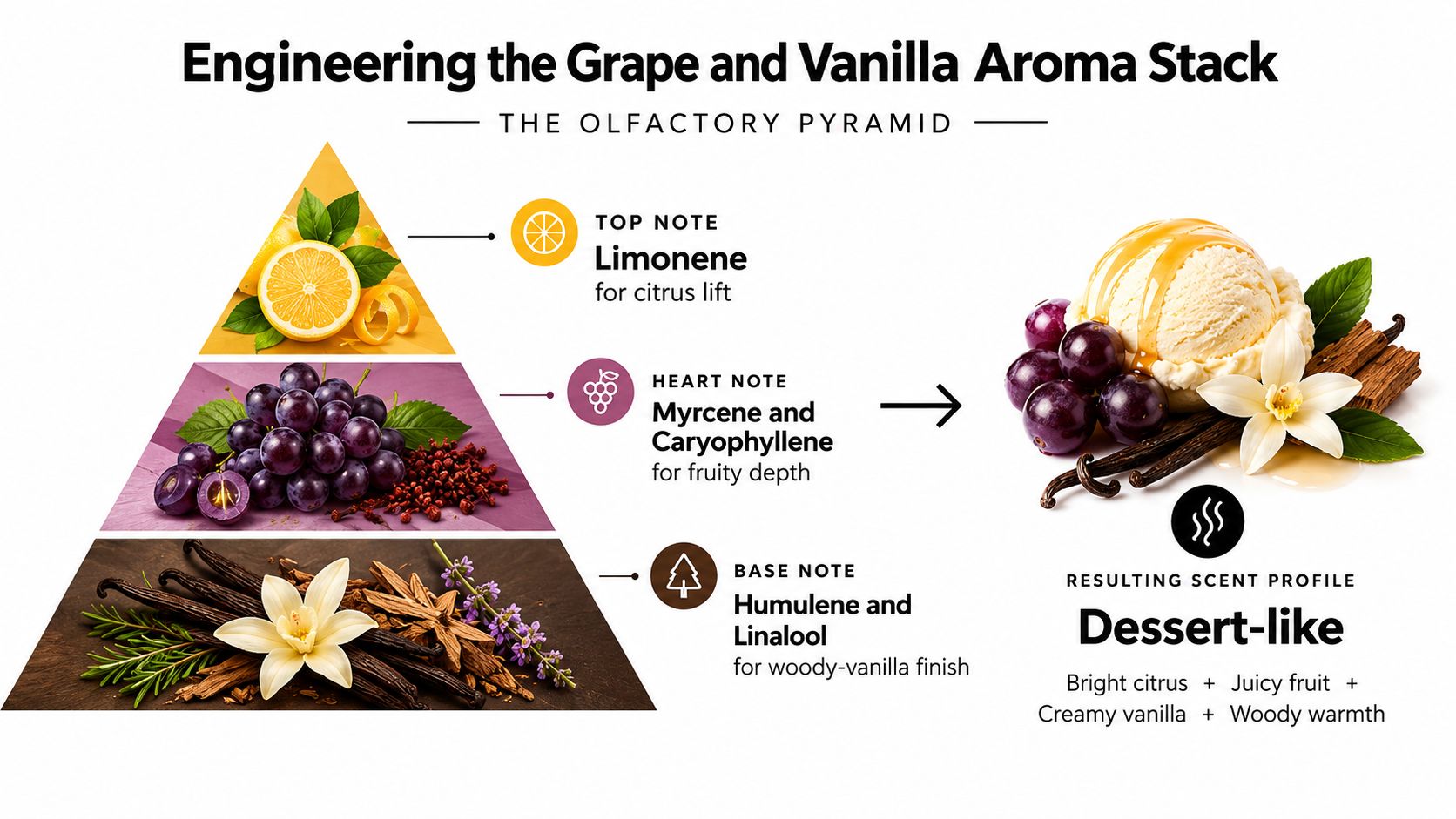 An olfactory pyramid diagram illustrating the terpene profile and aroma stack of grape and vanilla scents.