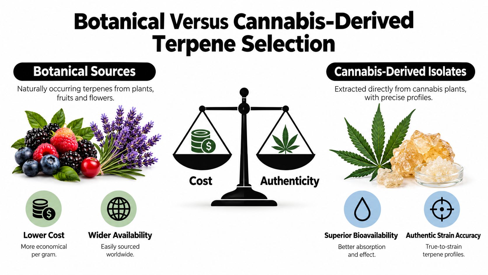 A comparison infographic between botanical terpenes and cannabis-derived isolates highlighting their differences in cost and authenticity.