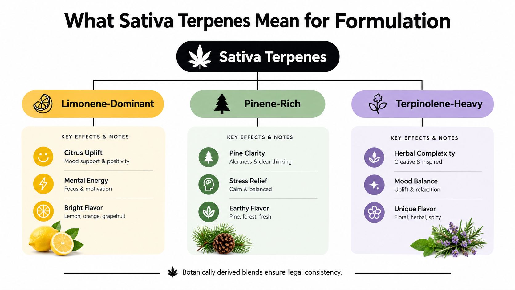 An infographic titled What Sativa Terpenes Mean for Formulation, categorizing terpenes as Limonene, Pinene, and Terpinolene.