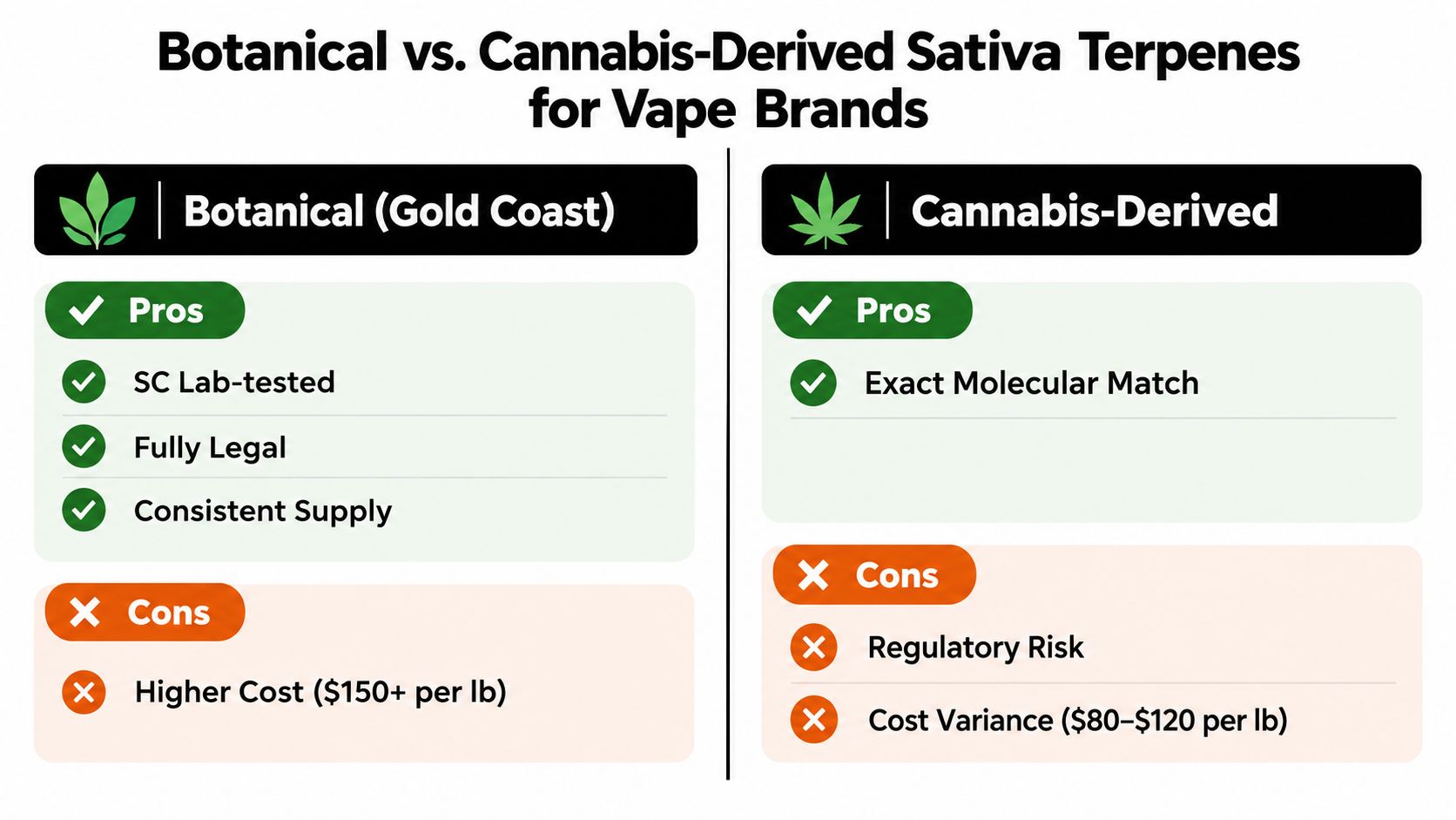 A comparison chart showing pros and cons of botanical versus cannabis-derived sativa terpenes for vape brands.