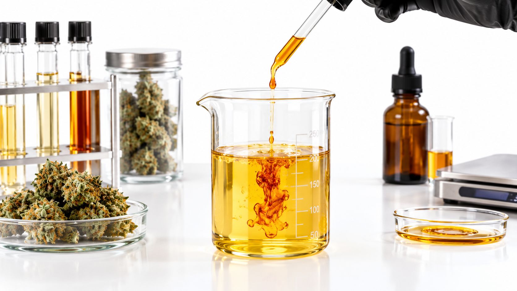 A gloved hand uses a pipette to add amber oil into a laboratory beaker filled with golden liquid.