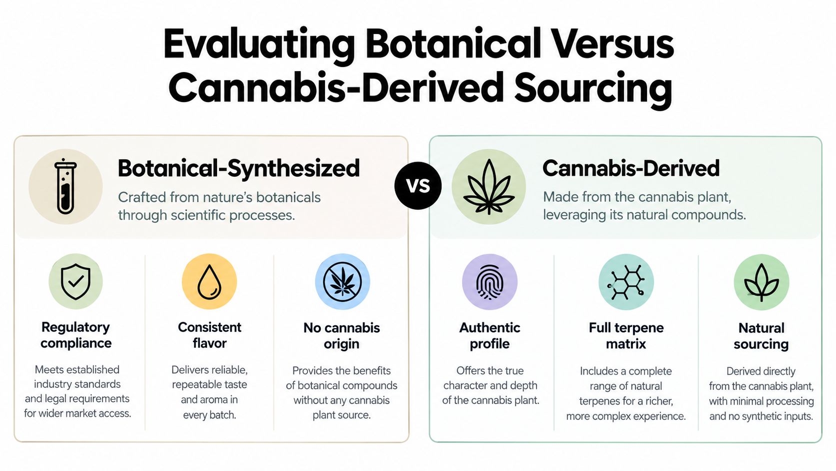 A comparison chart outlining the differences between botanical-synthesized and cannabis-derived sourcing for terpenes and cannabis products.