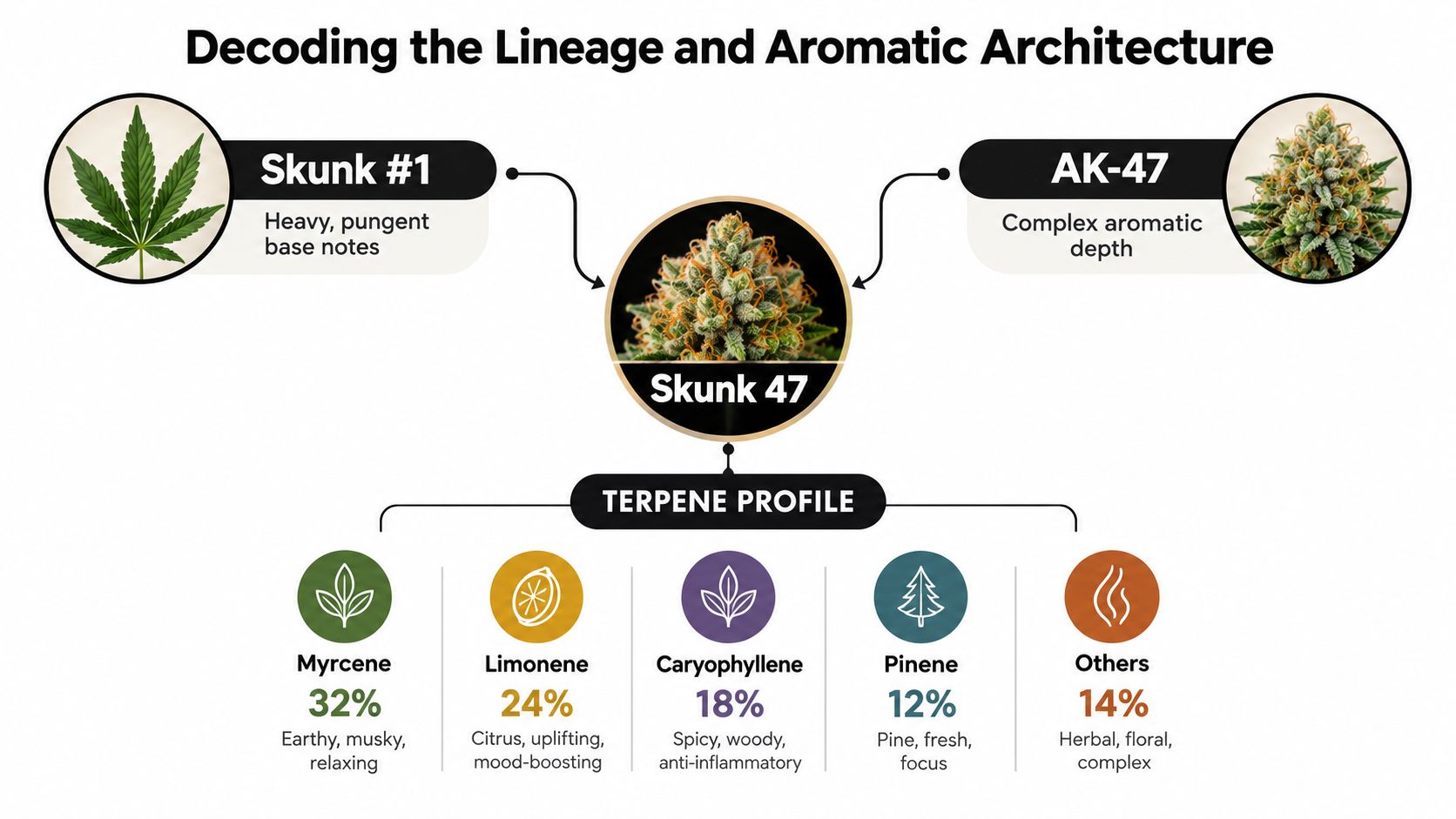 An infographic detailing the lineage and terpene profile of the Skunk 47 cannabis strain.