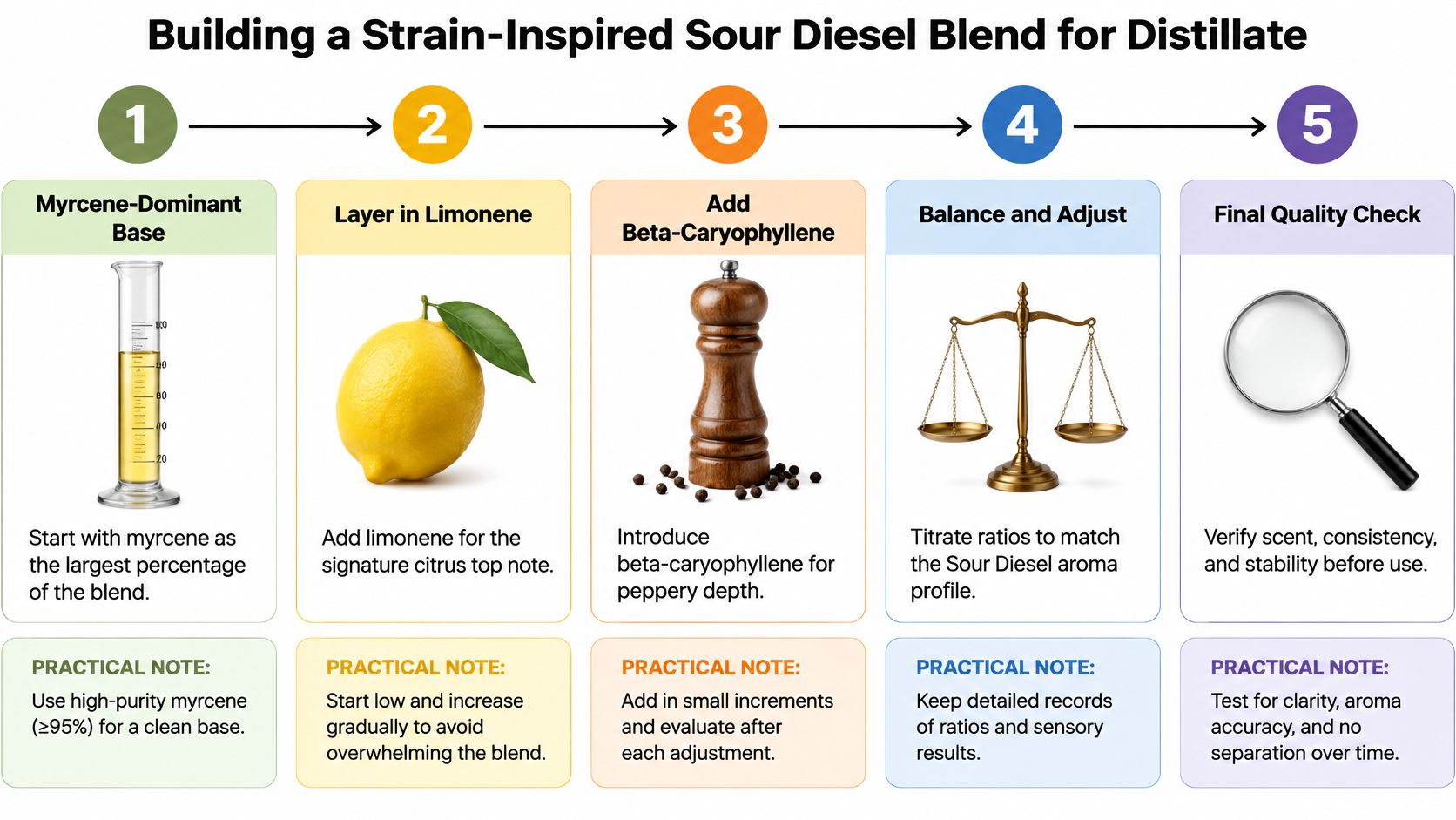 A five-step infographic showing how to build a Sour Diesel terpene blend for cannabis distillate.