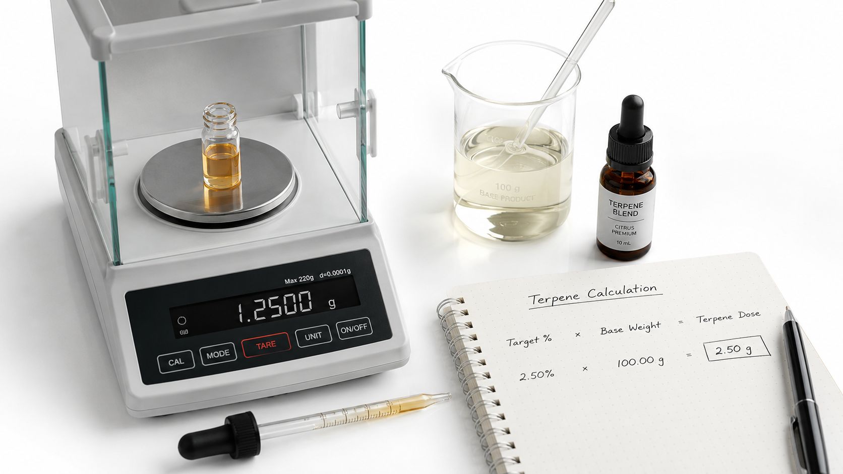 A laboratory scale displays 1.2500 grams next to a notebook detailing a terpene dosage calculation.