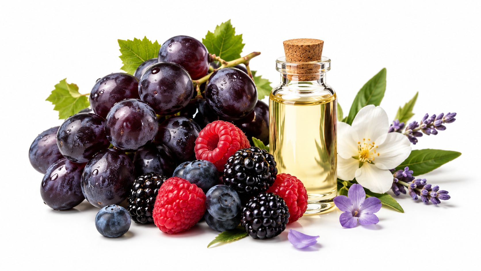 A glass bottle of essential oil surrounded by fresh purple grapes, raspberries, blackberries, blueberries, and lavender flowers.