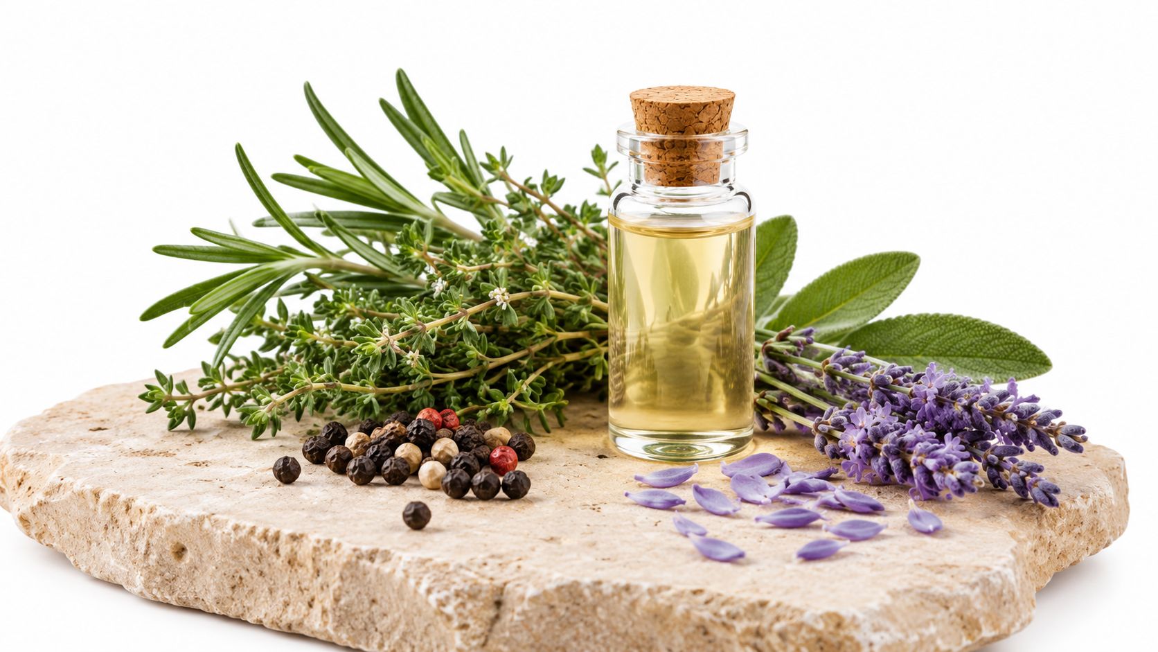 A glass bottle of essential oil surrounded by fresh herbs, lavender flowers, and peppercorns on stone.