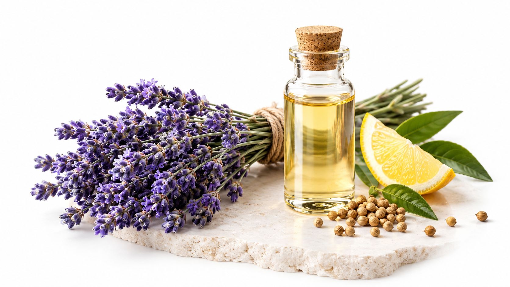 A glass bottle of essential oil next to lavender flowers, a lemon slice, and coriander seeds.