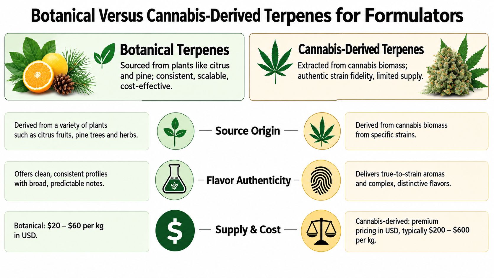 A comparison chart showing differences between botanical terpenes and cannabis-derived terpenes regarding origin, flavor, and cost.