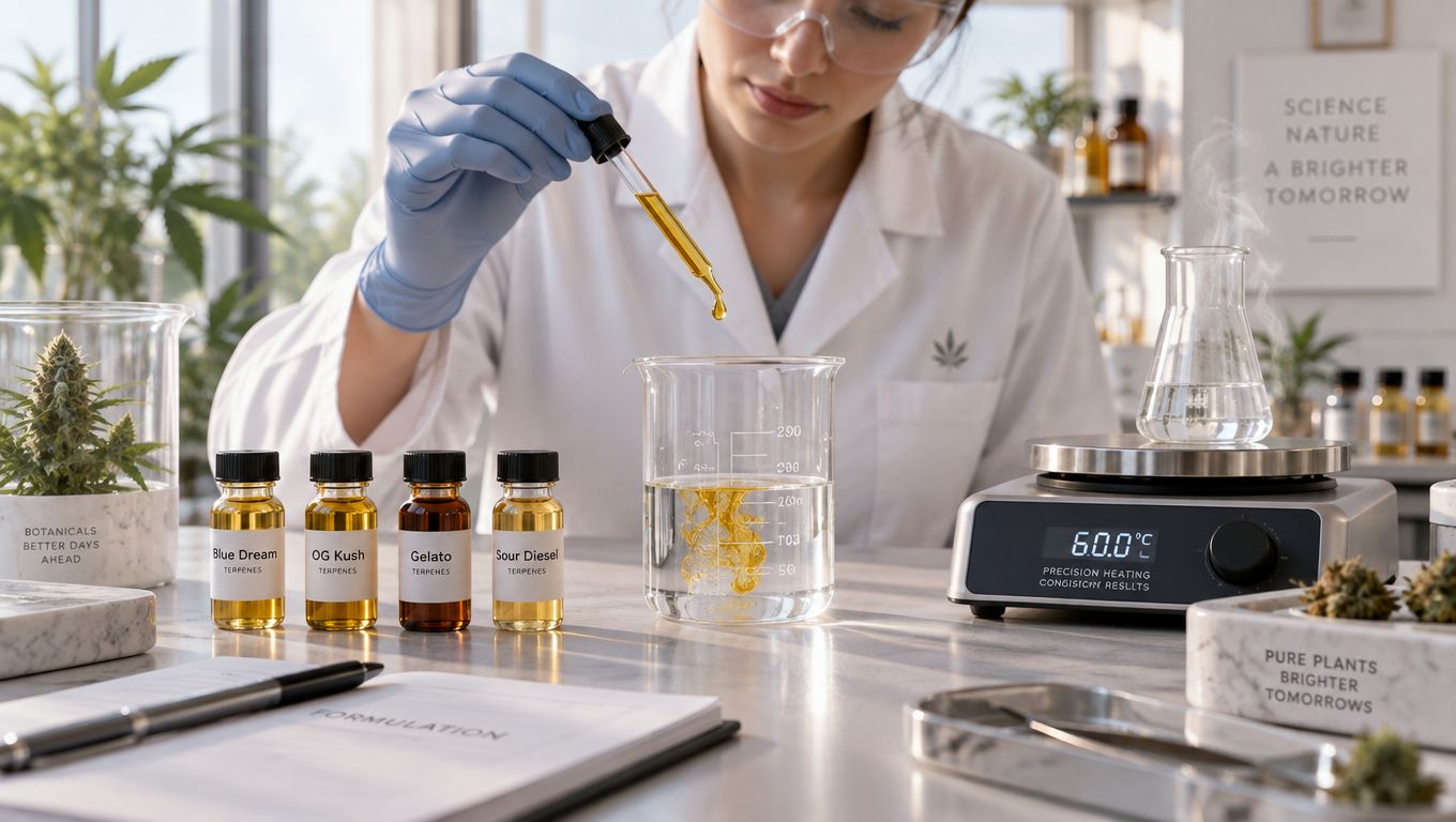 A scientist in a laboratory uses a pipette to add essential oil terpenes into a glass beaker.