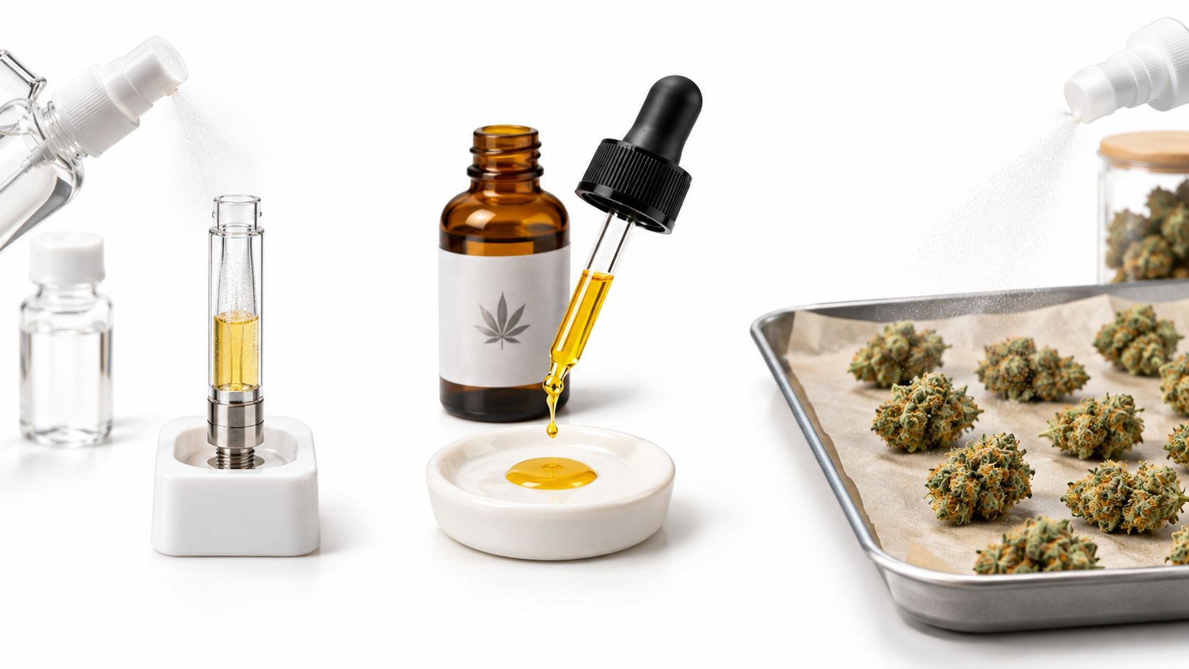 A professional setup showing terpene spray being applied to cannabis buds and vape cartridges on white surfaces.