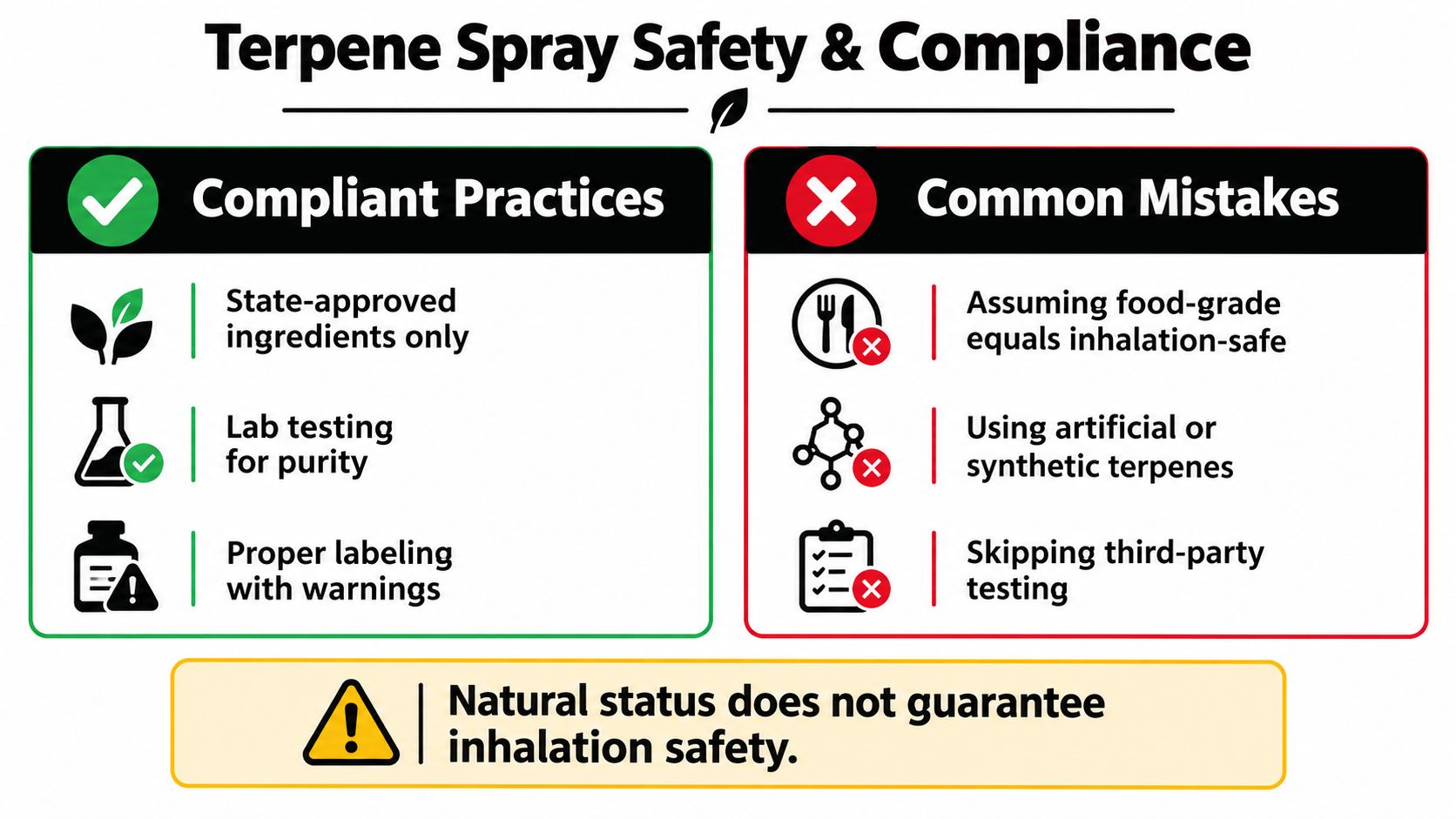 An infographic titled Terpene Spray Safety and Compliance, displaying compliant practices versus common mistakes for product safety.
