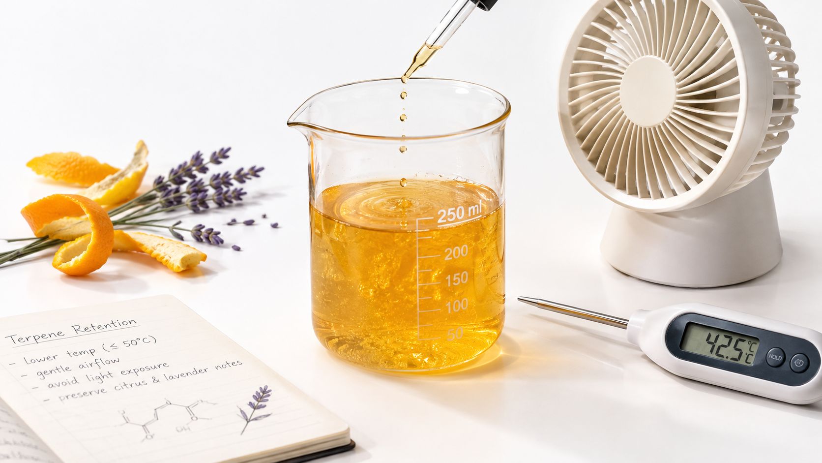 A glass beaker filled with yellow liquid being tested for terpene retention using a digital thermometer and fan.