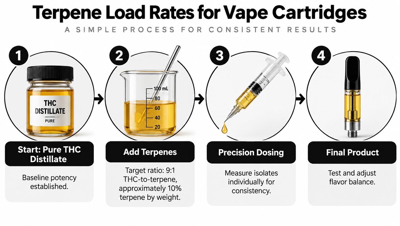 A four-step instructional infographic explaining the process for adding terpenes to pure THC distillate for vape cartridges.